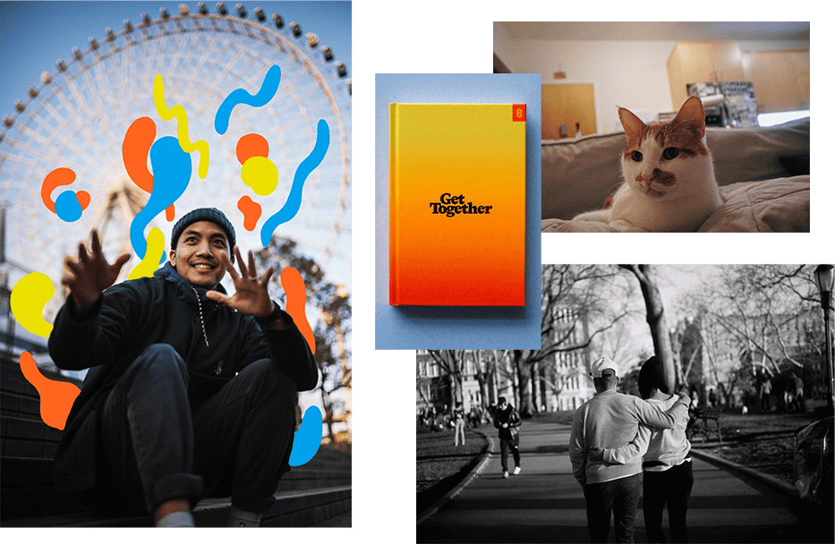 Photo collage of Kevin, Get Together book, Soleil the cat, Kevin and Yoko in Sunset Park